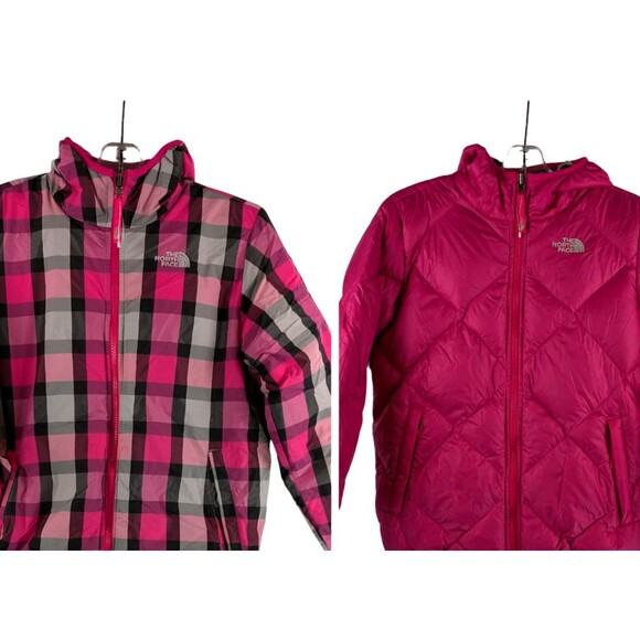 The North Face Girls Large 14/16  Puffer Jacket Reversible Down Pink Plaid - Picture 1 of 16